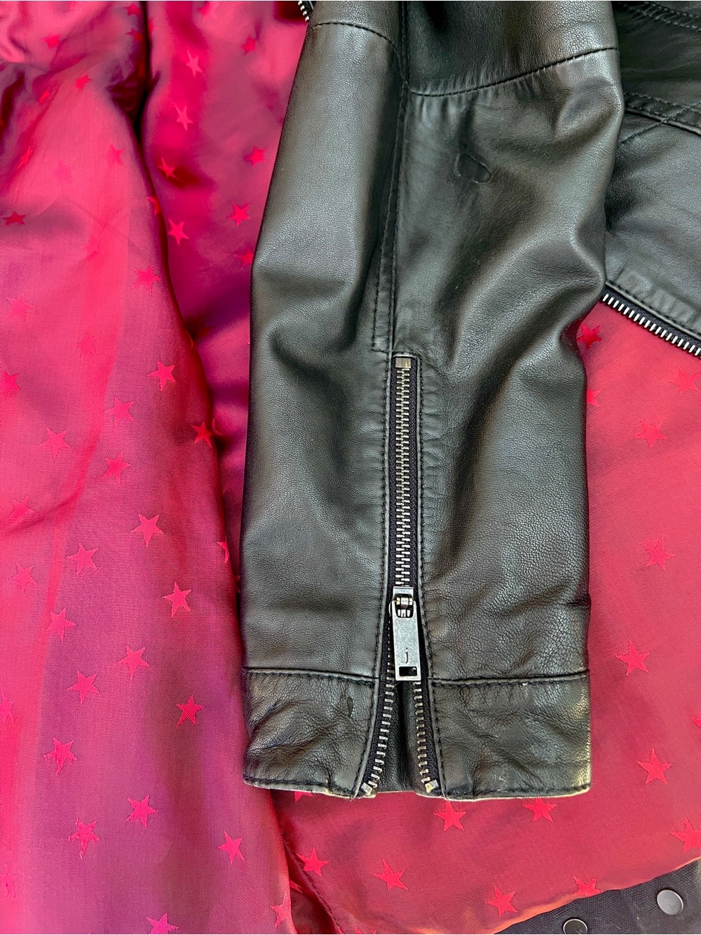 John Varvatos Black Leather Jacket with Red Star Lining - Picture 7 of 7